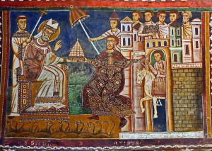 Scena con la "Donazione di Costantino" nel ciclo di affreschi (1248) della Cappella di San Silvestro, basilica dei Quattro Santi Coronati - Roma