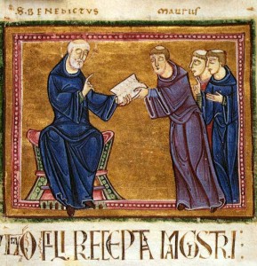San Benedetto porge la sua Regola a san Mauro e ad altri monaci . Miniatura francese da un manoscritto del 1129, St.Gilles.